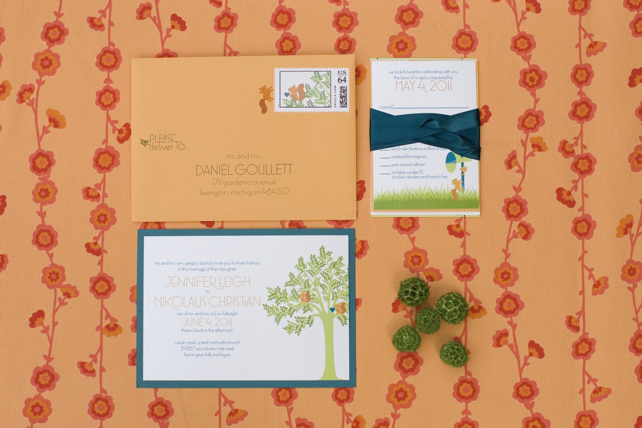 whimsical wedding invitations, squirrel wedding invitation, tree custom wedding invitations, blue green orange wedding, custom postage, ribbon on wedding invitations